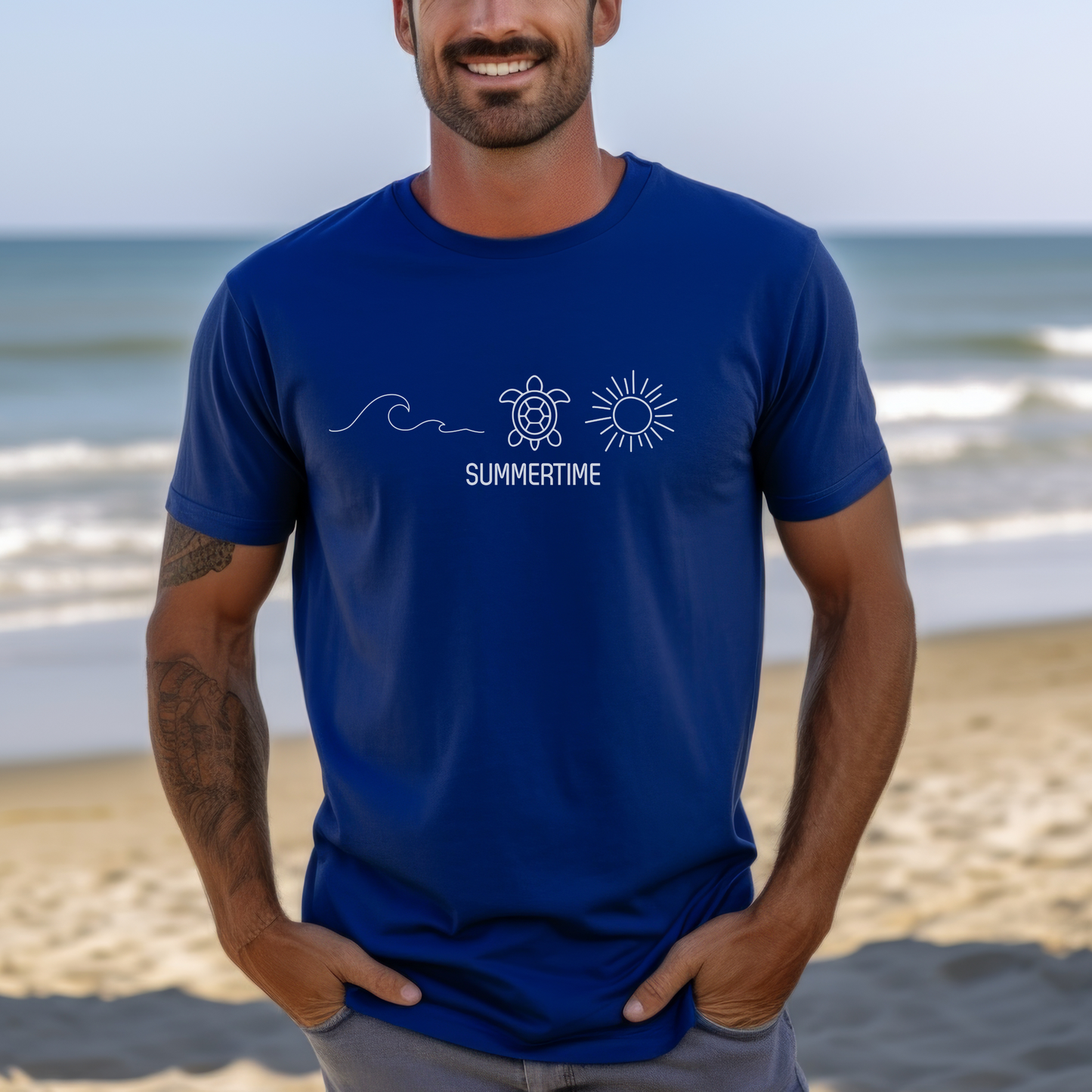 Summer T-Shirt with Wave, Turtle and Sun Design. Cute Summertime Beach Tee for Men & Women