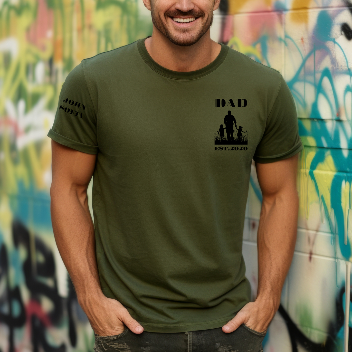 Personalized Dad T-Shirt, Custom Silhouette of Boy & Girl, "Dad Est" with Childs Names, Unique Gift for Father's Day
