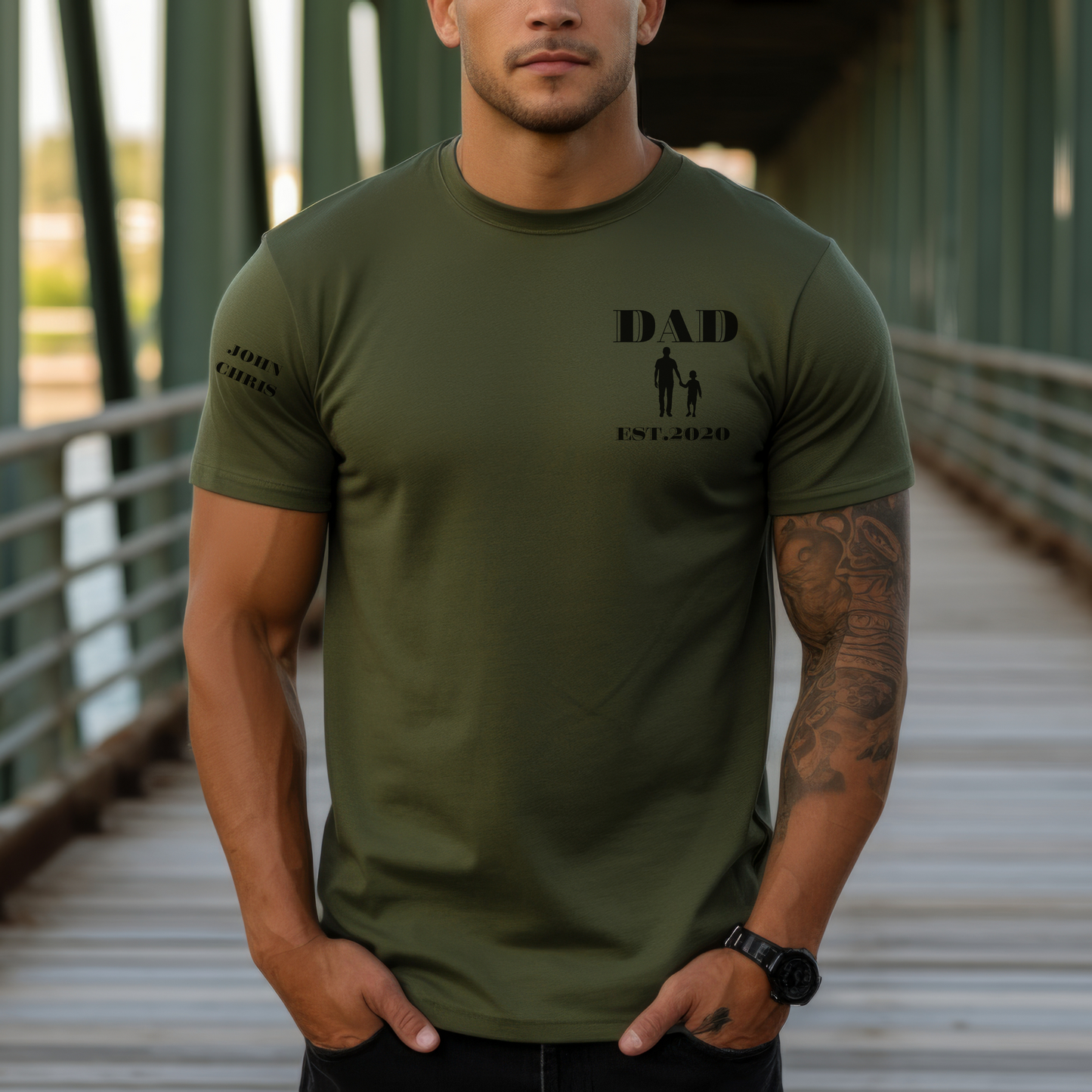 Personalized Dad Est Year T-shirt | Custom Children Names on Sleeve with the silhouette of a child | Unique Father's Day Gift.