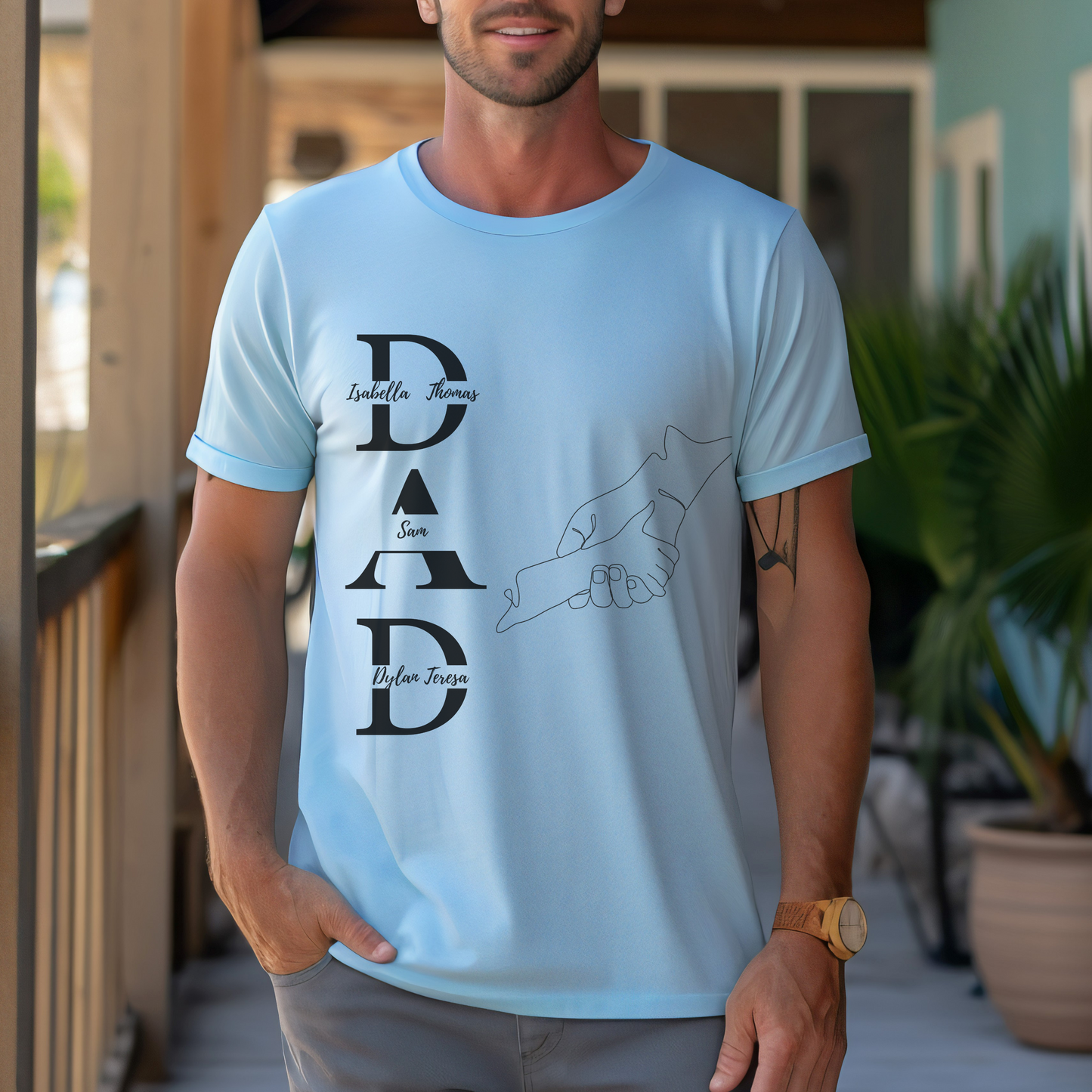 Personalized Dad Shirt with Kids Name - Father's Day Gift, With a single line of a father holding a child's hand.