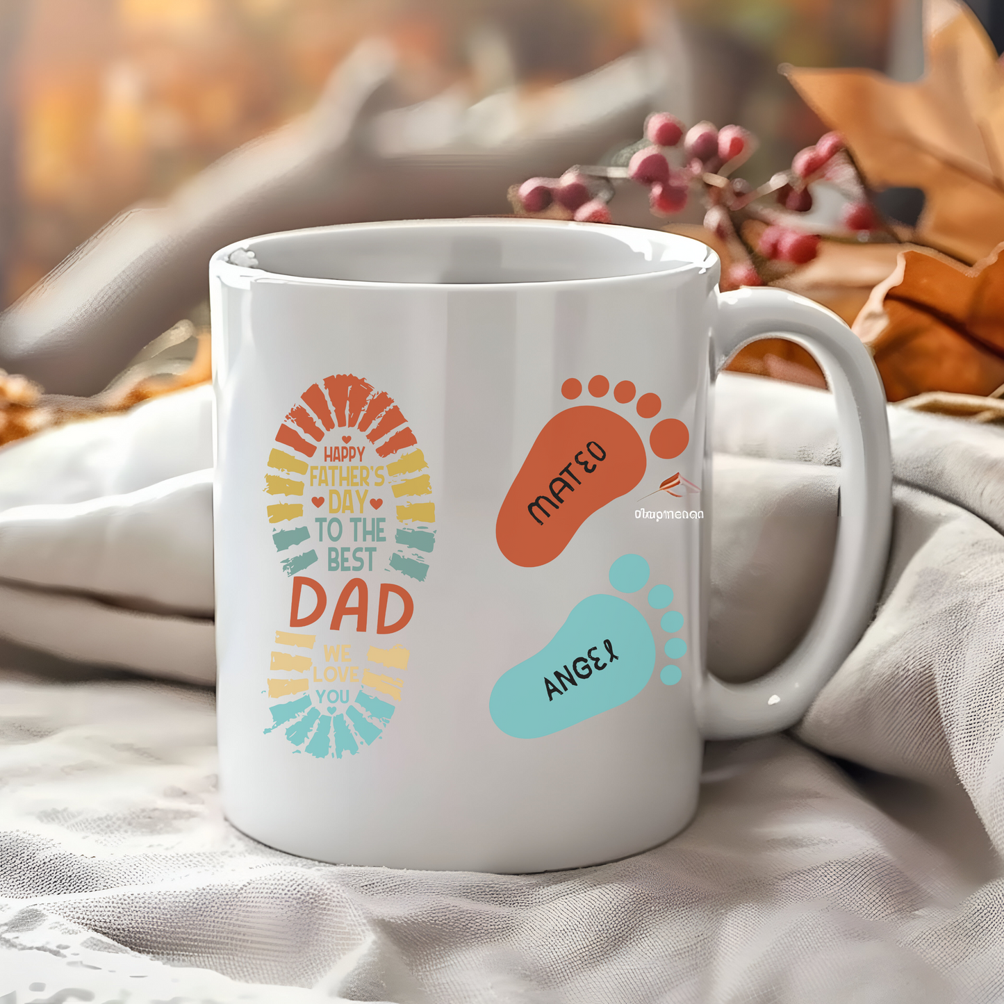 Personalized Father's Day Mug 11oz - Custom Dad & Kids Names with Footprints - Best Dad Gift Ceramic Coffee Cup
