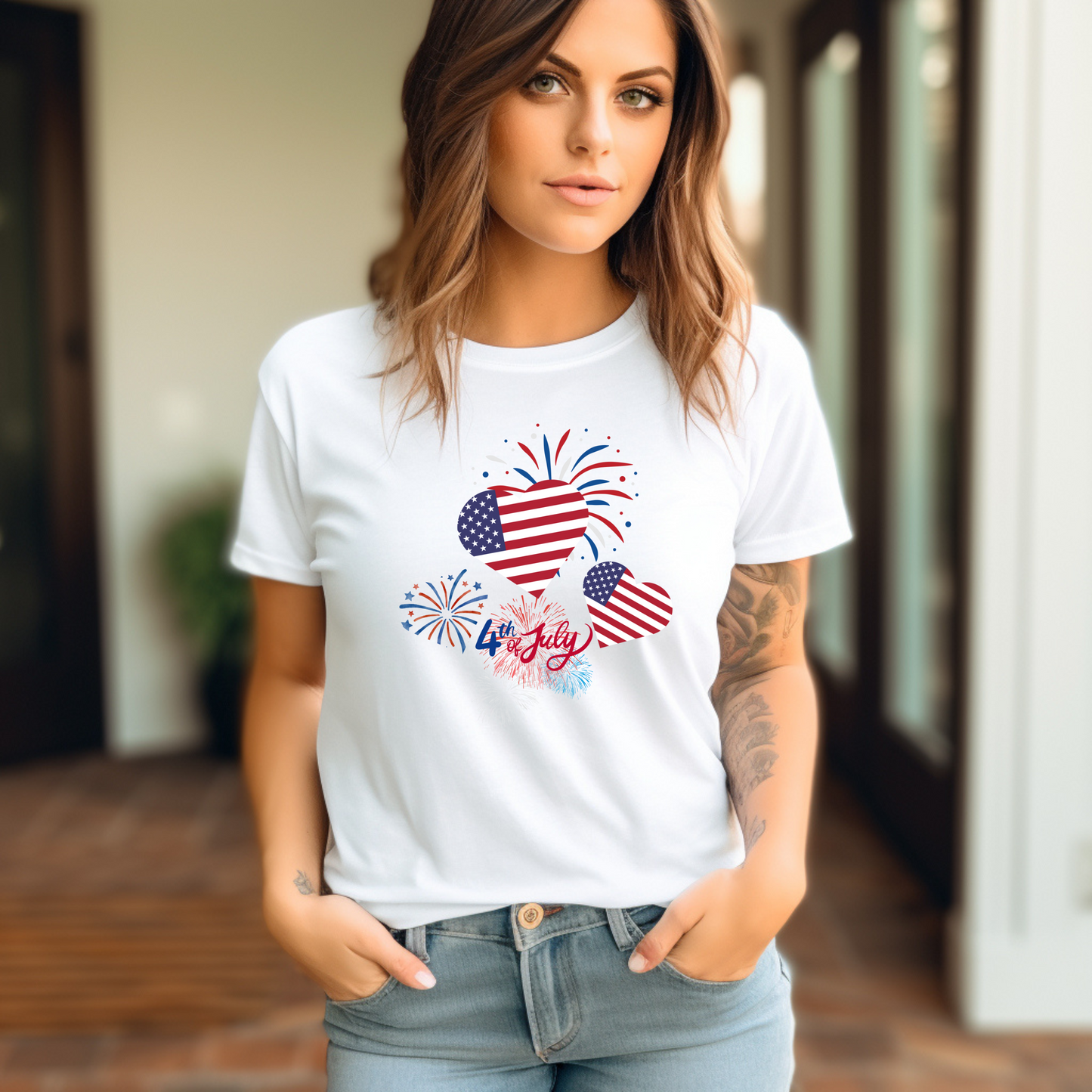 4th of July Unisex Shirt Fireworks Heart USA Flag Celebration Patriotic Independence Day Tee