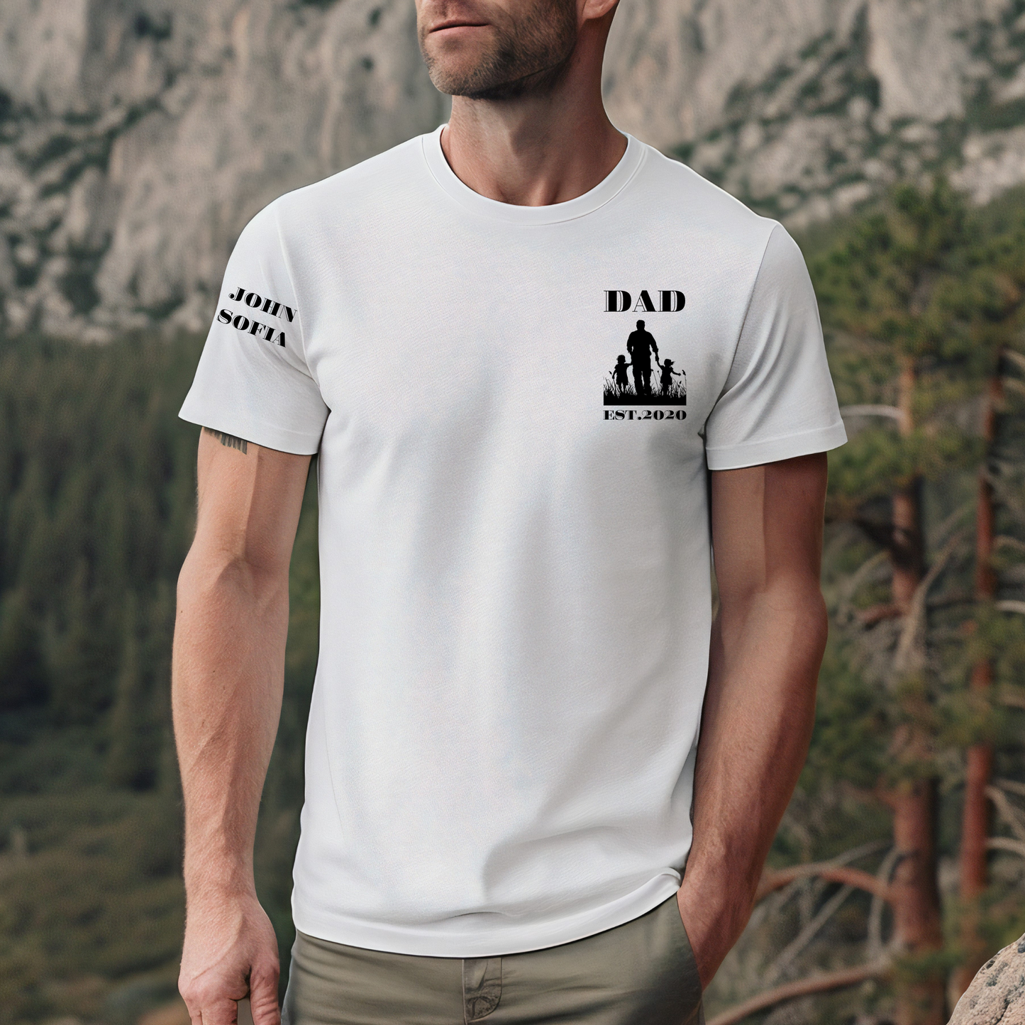 Personalized Dad T-Shirt, Custom Silhouette of Boy & Girl, "Dad Est" with Childs Names, Unique Gift for Father's Day