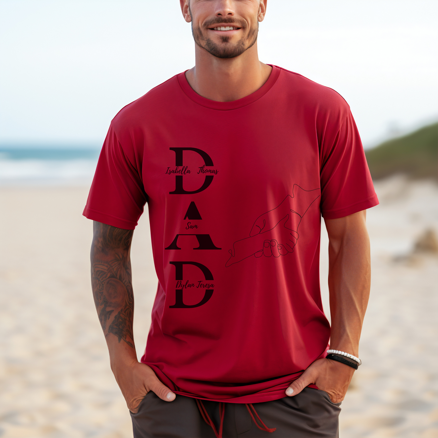 Personalized Dad Shirt with Kids Name - Father's Day Gift, With a single line of a father holding a child's hand.