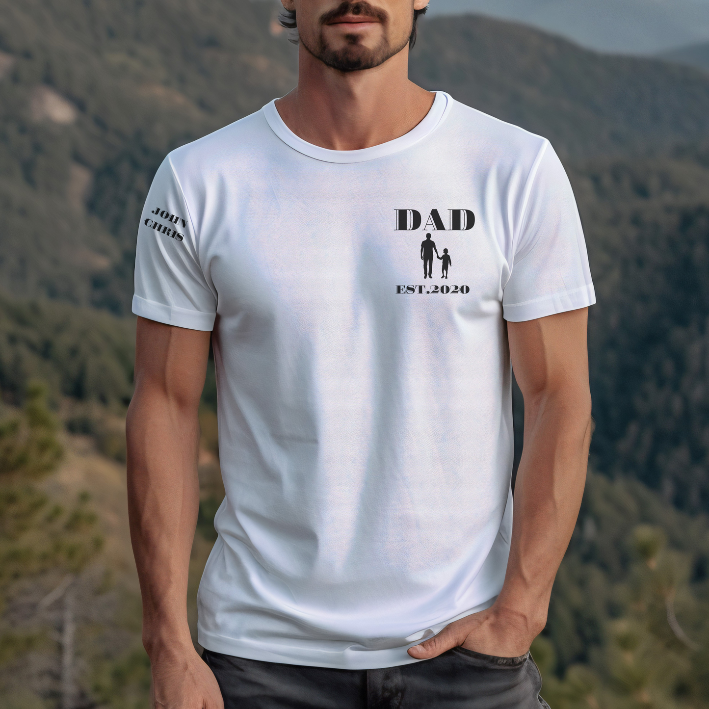 Personalized Dad Est Year T-shirt | Custom Children Names on Sleeve with the silhouette of a child | Unique Father's Day Gift.