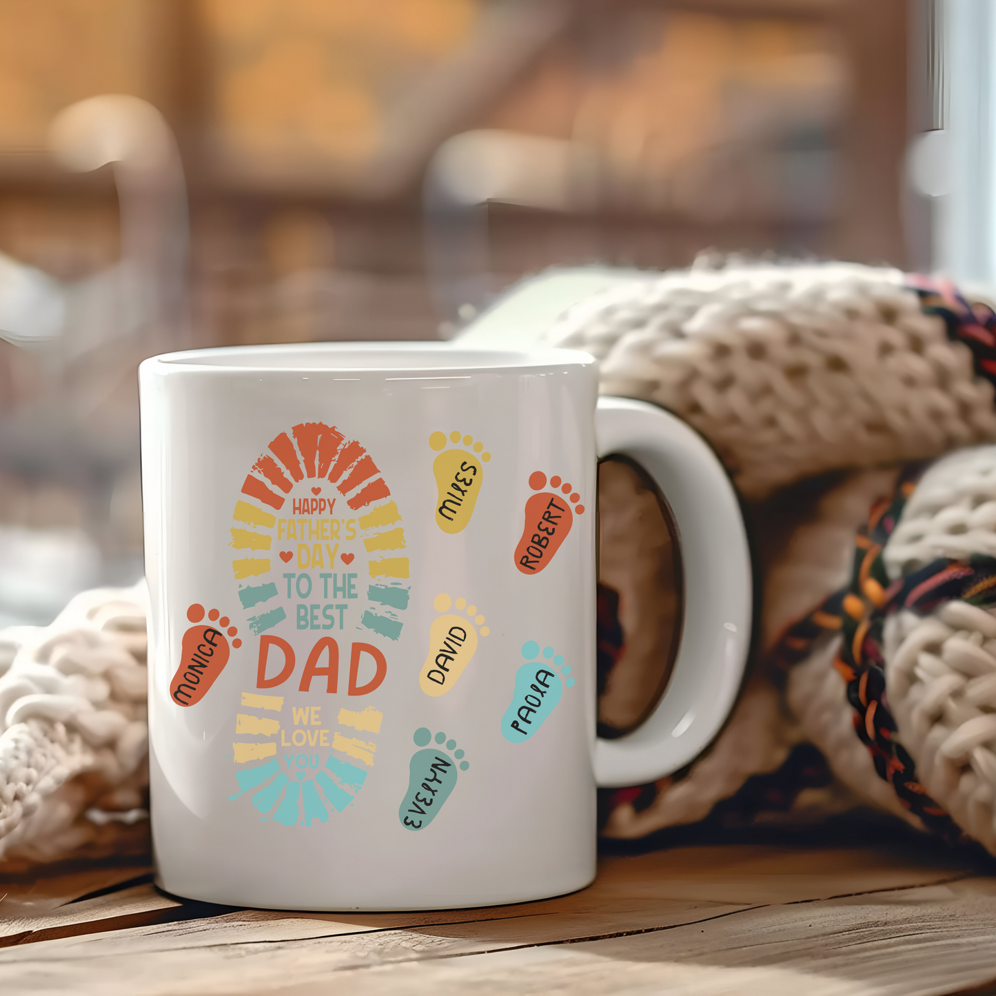 Personalized Father's Day Mug 11oz - Custom Dad & Kids Names with Footprints - Best Dad Gift Ceramic Coffee Cup