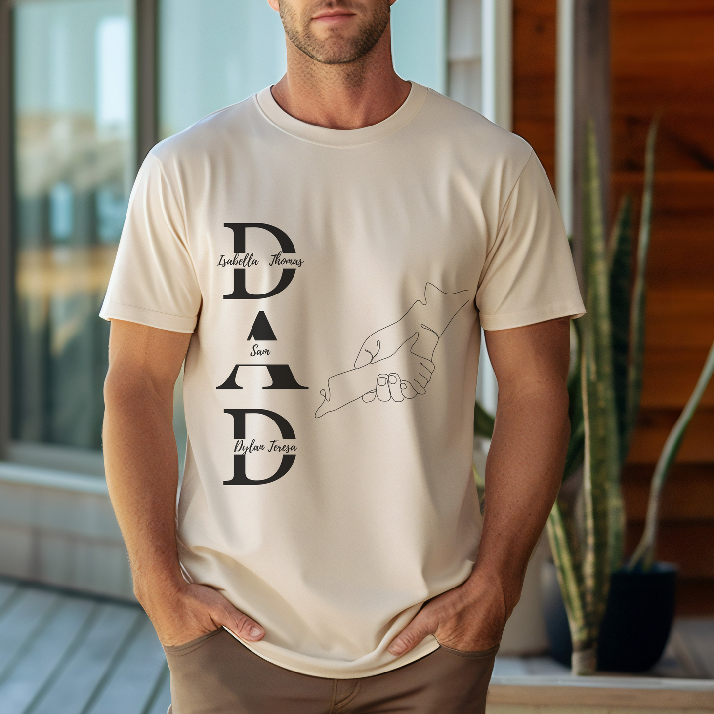 Personalized Dad Shirt with Kids Name - Father's Day Gift, With a single line of a father holding a child's hand.