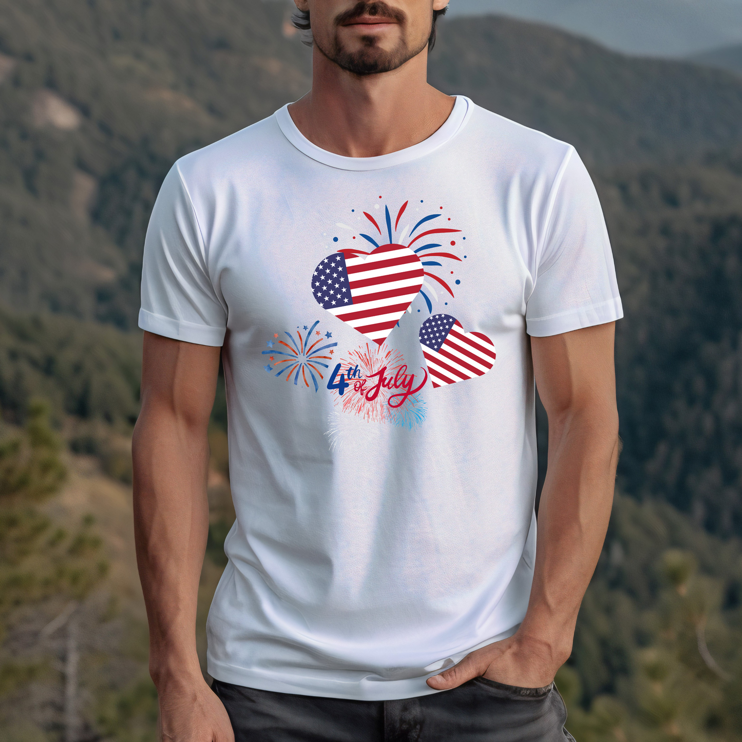 4th of July Unisex Shirt Fireworks Heart USA Flag Celebration Patriotic Independence Day Tee