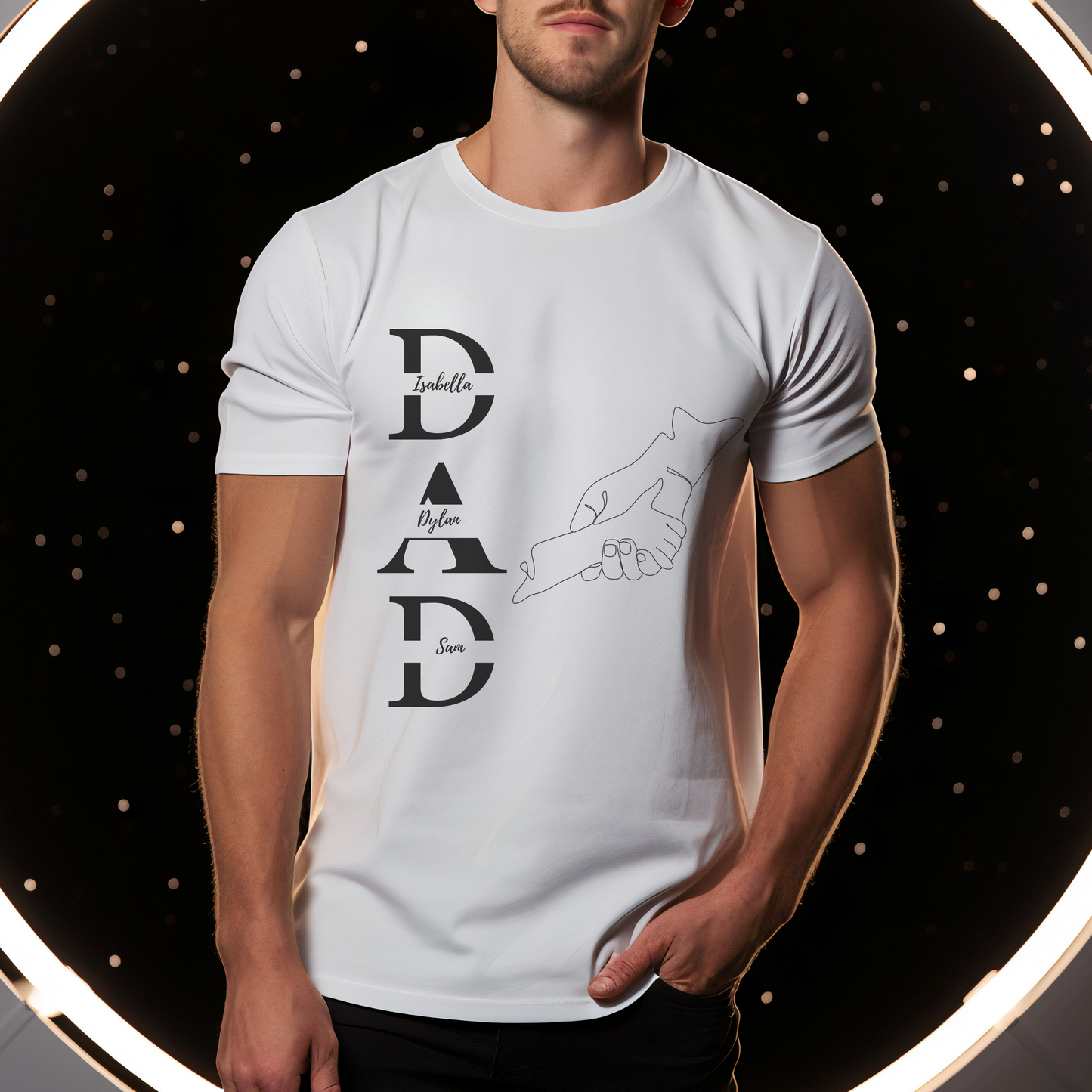 Personalized Dad Shirt with Kids Name - Father's Day Gift, With a single line of a father holding a child's hand.