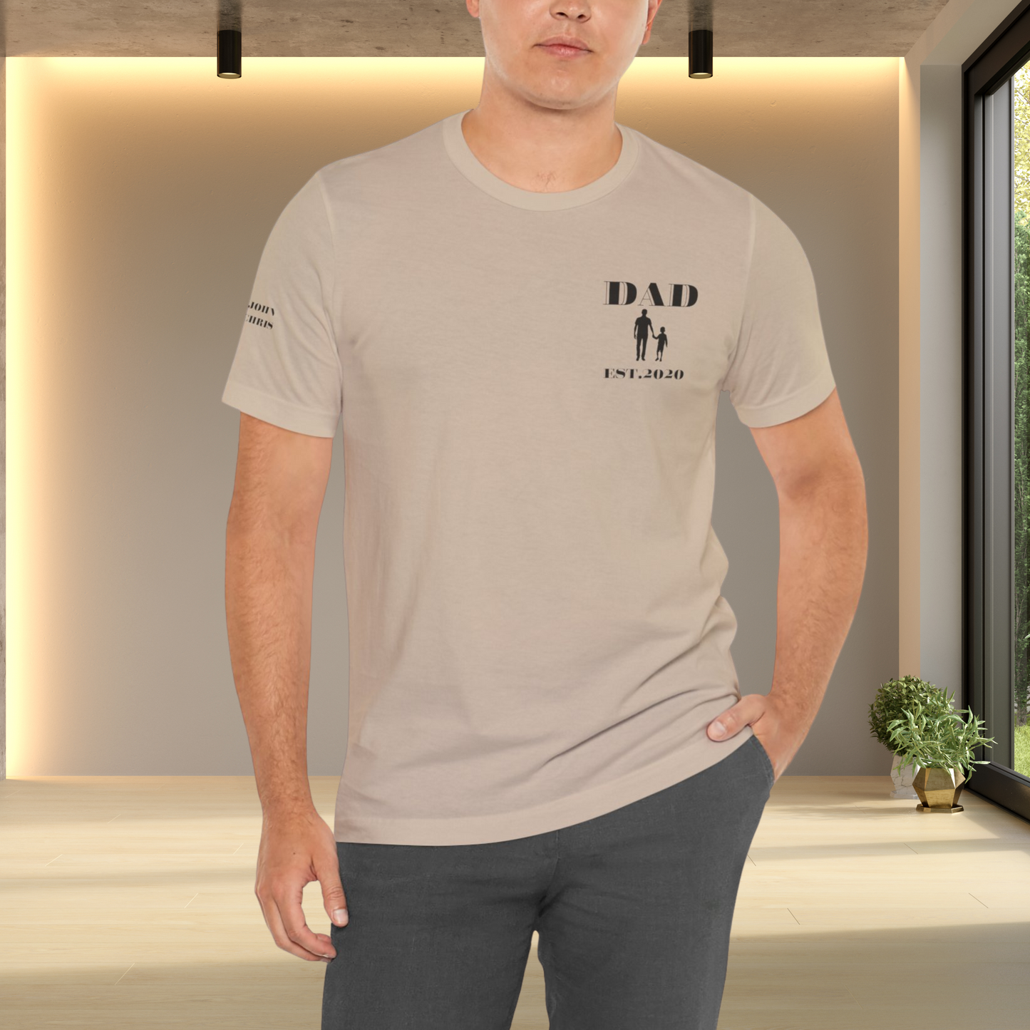 Personalized Dad Est Year T-shirt | Custom Children Names on Sleeve with the silhouette of a child | Unique Father's Day Gift.