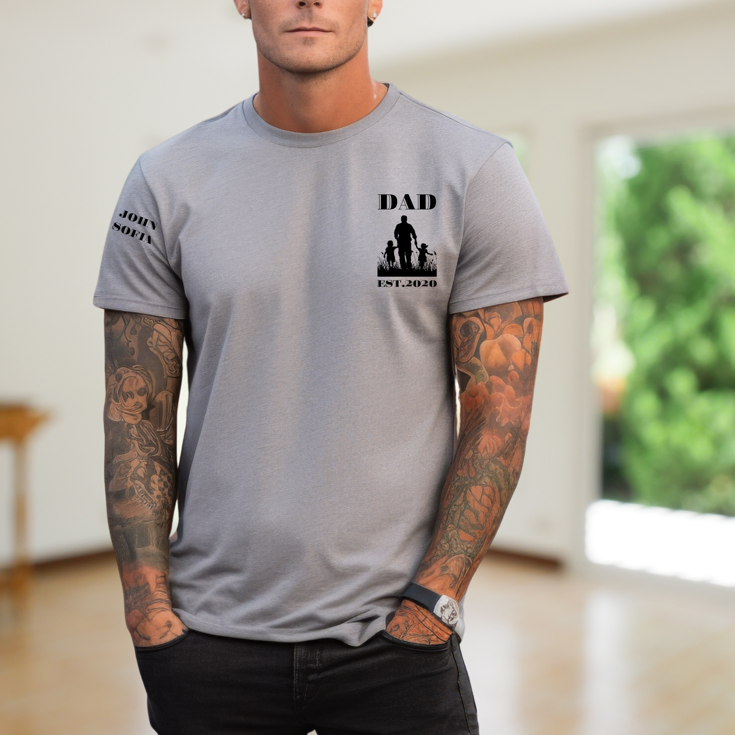 Personalized Dad T-Shirt, Custom Silhouette of Boy & Girl, "Dad Est" with Childs Names, Unique Gift for Father's Day