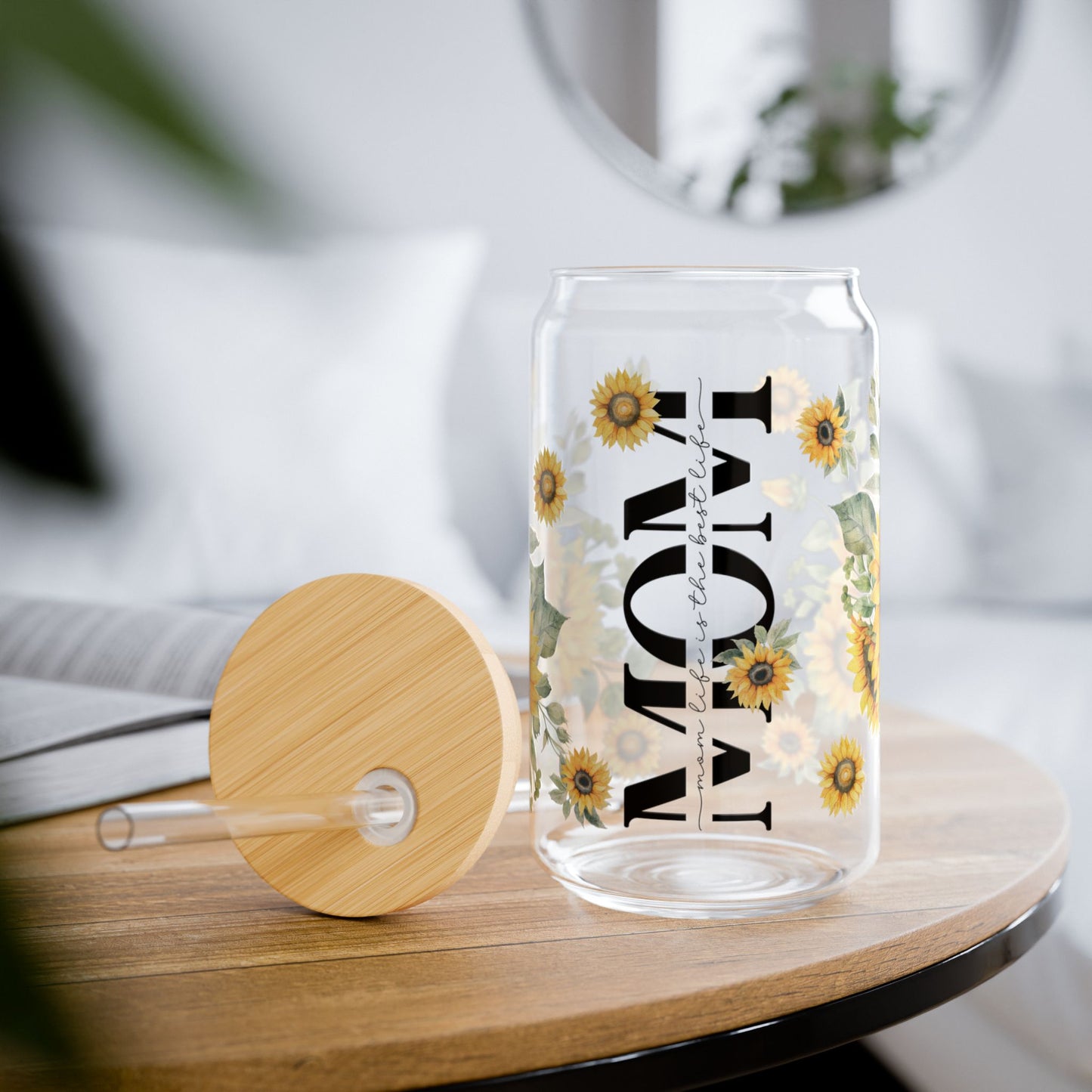 Mom Life Sunflower Sipper Glass, 16oz - Perfect Gift for Moms, Inspirational Drinkware, Funny Mom Mug, Mother's day.