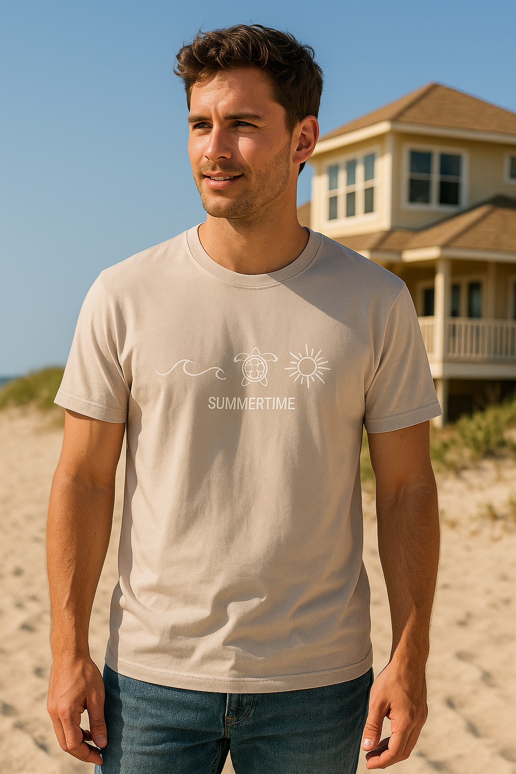 Summer T-Shirt with Wave, Turtle and Sun Design. Cute Summertime Beach Tee for Men & Women
