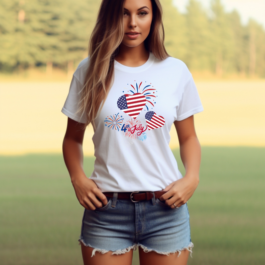 4th of July Unisex Shirt Fireworks Heart USA Flag Celebration Patriotic Independence Day Tee