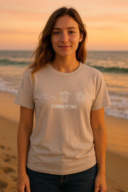 Summer T-Shirt with Wave, Turtle and Sun Design. Cute Summertime Beach Tee for Men & Women