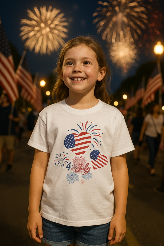 Girls July 4th Shirt White Independence Day Tee with USA Hearts Patriotic Top for Kids