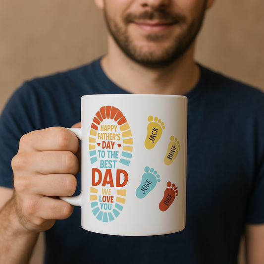 Personalized Father's Day Mug 11oz - Custom Dad & Kids Names with Footprints - Best Dad Gift Ceramic Coffee Cup