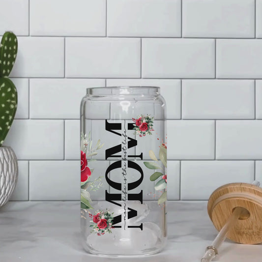 Mom Life Roses Sipper Glass, 16oz - Perfect Gift for Moms, Inspirational Drinkware, Funny Mom Mug, Mother's day.